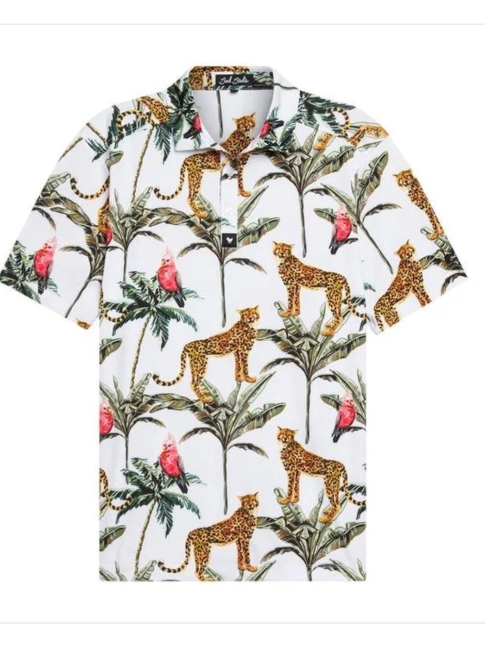 XXL Bad Birdie White Short-Sleeve Leopard & Palm Print Shirt Golf Polo EUC